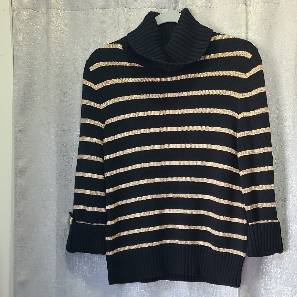 Jones NY Striped Black and Gold‎ Turtleneck Sweater PETITE M